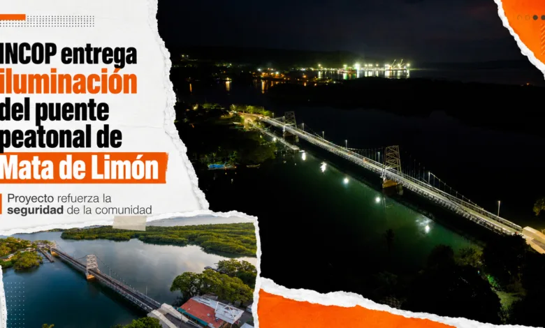 Puente peatonal de Mata de Limón iluminado durante la noche tras entrega del nuevo sistema de luminarias por parte del INCOP.