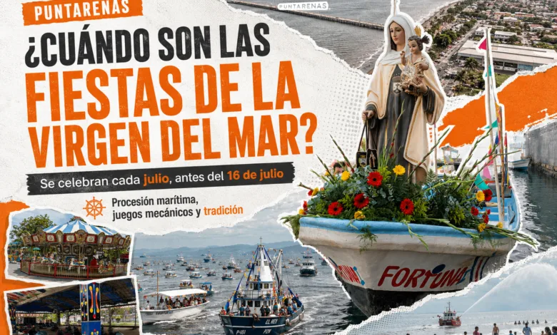 Imagen destacada sobre las Fiestas de la Virgen del Mar en Puntarenas, celebración tradicional de julio con procesión marítima, juegos mecánicos y actividades culturales.