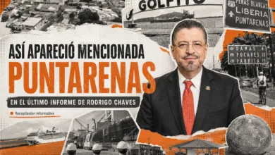 Diseño gráfico informativo sobre cómo apareció mencionada Puntarenas en el último informe presidencial, con imágenes de distintos puntos de la provincia y un retrato del mandatario.