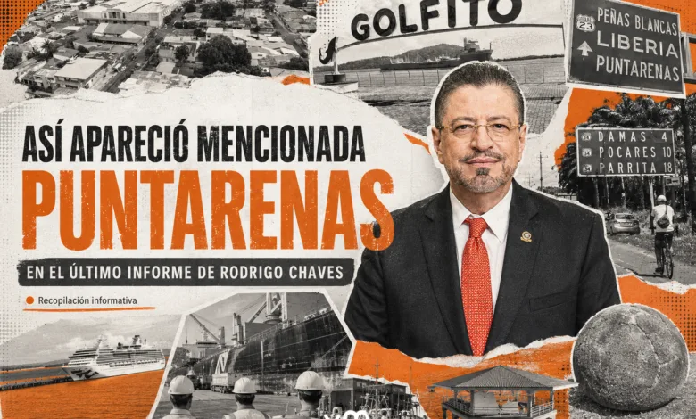 Diseño gráfico informativo sobre cómo apareció mencionada Puntarenas en el último informe presidencial, con imágenes de distintos puntos de la provincia y un retrato del mandatario.
