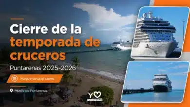 Imagen informativa sobre el cierre de la temporada de cruceros 2025-2026 en Puntarenas, con cruceros atracados en el Muelle de Puntarenas durante mayo.