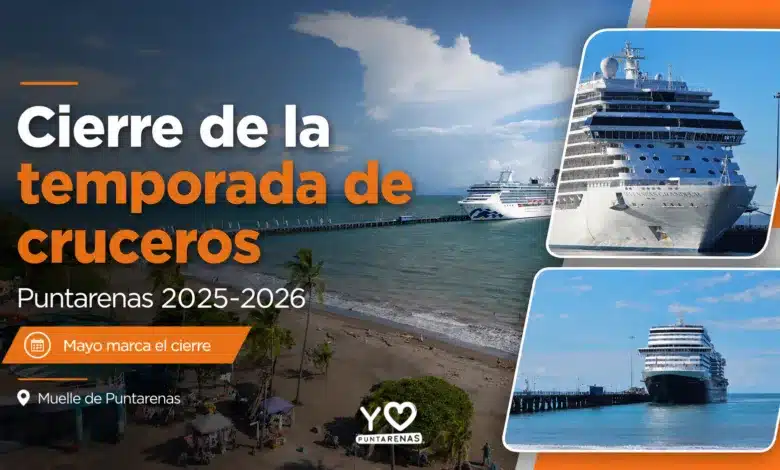 Imagen informativa sobre el cierre de la temporada de cruceros 2025-2026 en Puntarenas, con cruceros atracados en el Muelle de Puntarenas durante mayo.