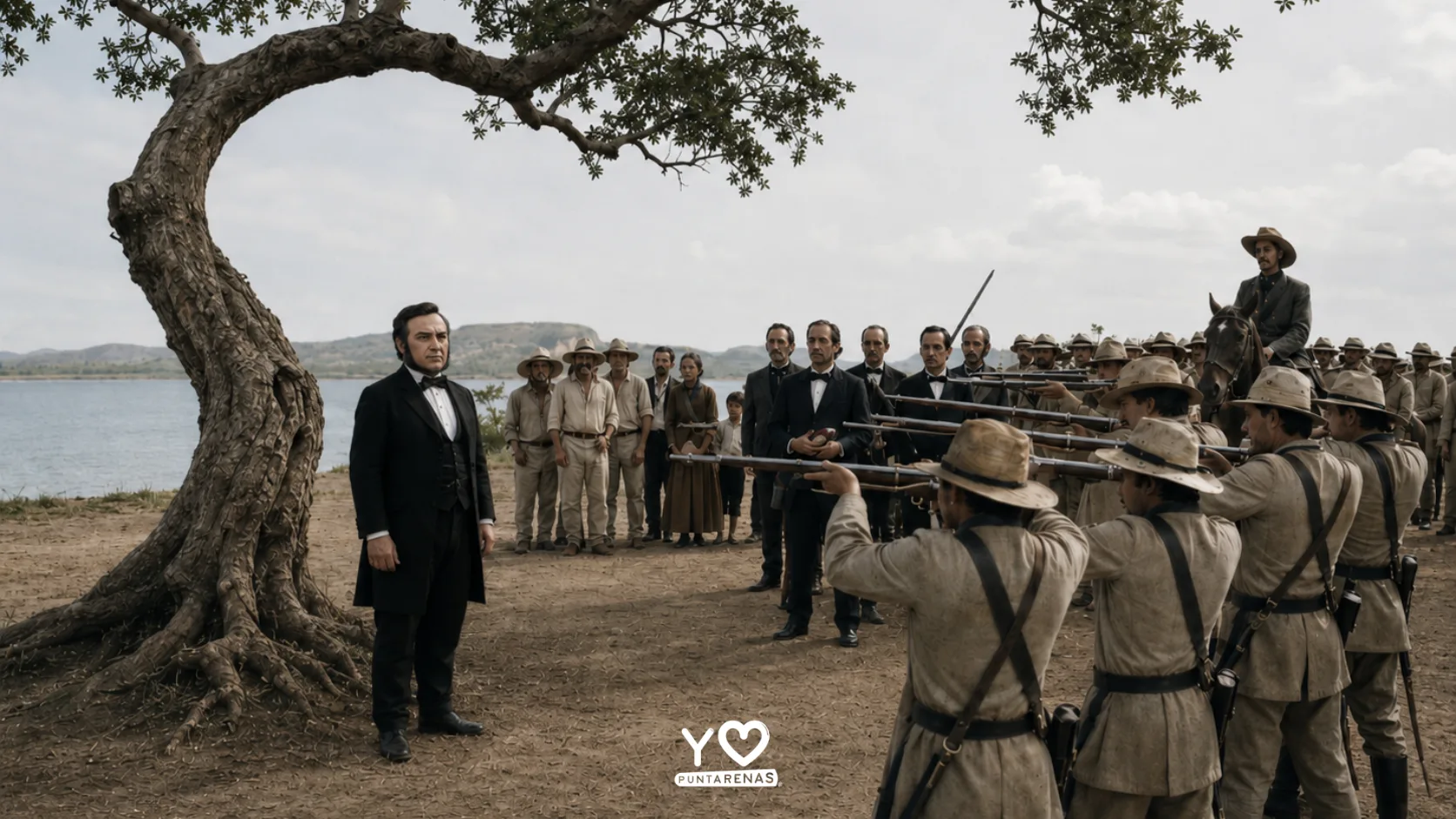 Recreación histórica del fusilamiento de Juan Rafael Mora Porras y José María Cañas en Puntarenas, ocurrido en 1860 cerca del actual Parque Mora y Cañas.