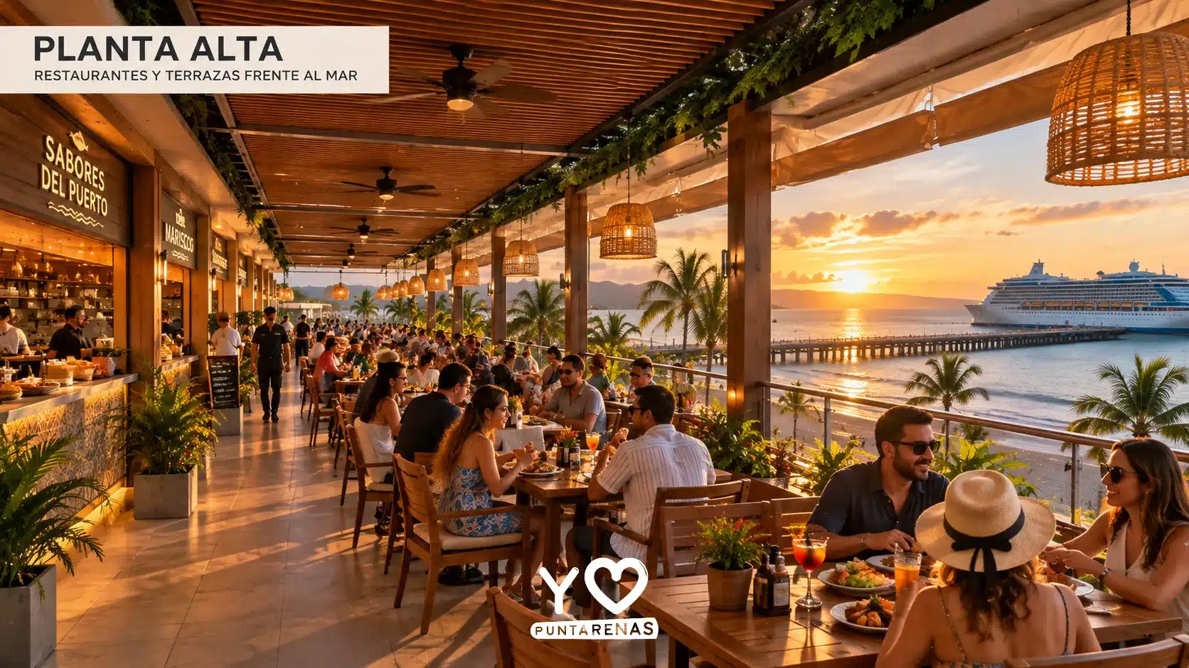 Boceto arquitectónico para modernizar los kioscos de Puntarenas Propuesta de restaurantes en la segunda planta de los kioscos de Puntarenas, con terrazas abiertas y vista al golfo de Nicoya y al muelle de cruceros.
