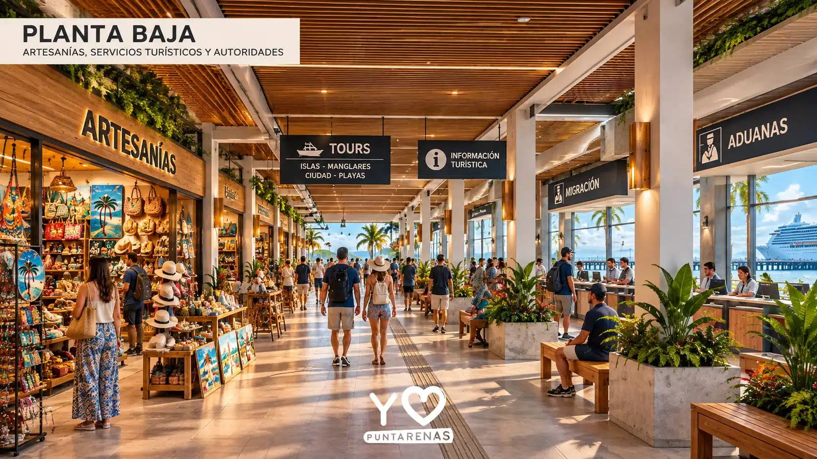 Planta baja de los nuevos kioscos de Puntarenas Interior propuesto de la planta baja de los kioscos de Puntarenas, con tiendas de artesanías, información turística y servicios portuarios.